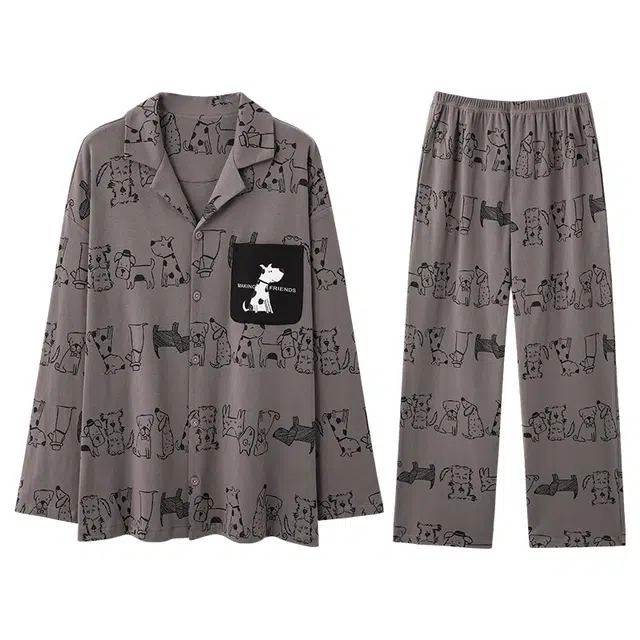 兰缪 翻领开衫可外穿男春夏秋款纯棉长袖男生薄款家居服睡衣套装 男款