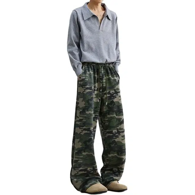 唐启 迷彩运动卫裤秋季美式高腰复古重磅弯刀裤子垂感直筒微喇裤休闲裤 男女同款