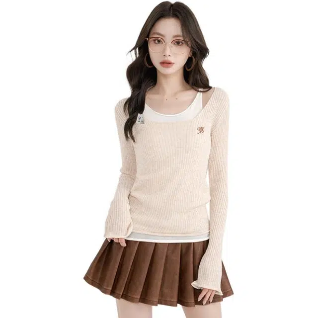 识恩 假两件挂脖女穿搭设计感修身显瘦打底衫上衣甜辣针织衫 女款