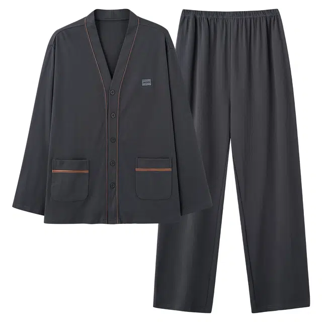 俏佳人 纯棉开衫和尚领纯色休闲口袋家居服亲肤柔软舒适可外穿长袖长裤睡衣套装 男款