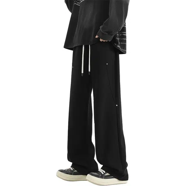 协协乐 拼接卫裤美式复古纯色男生秋冬重磅运动裤宽松直筒阔腿百搭青少年痞帅抽绳长裤子春季休闲裤 男款