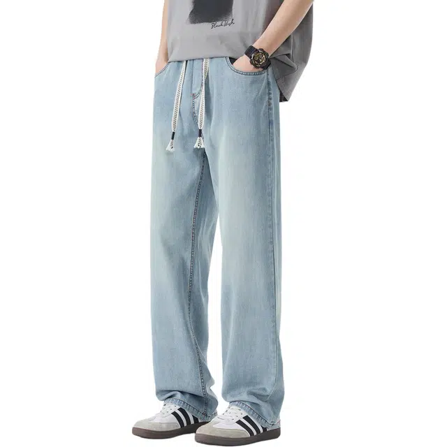 瑞梵帝斯 美式复古潮牌高街水洗做旧宽松百搭舒适透气阔腿牛仔裤 男款