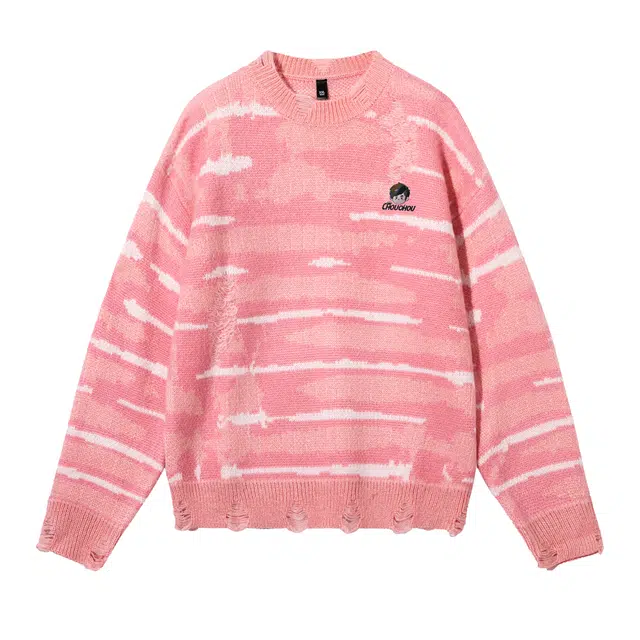 周同学 周杰伦 美式复古高街破洞手工毛边磨破条纹流苏多巴胺色系圆领宽松休闲舒适亲肤简约百搭慵懒风套头针织衫 男女同款