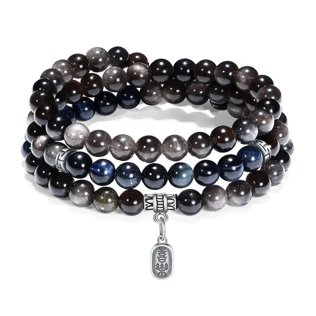 【普陀山官方已过香】 普陀山文创 平安喜乐国潮高级感转运银曜石纳福八方来财本命年顺遂安宁多圈叠戴手饰#好运 黑曜石 手串 男女同款情侣款