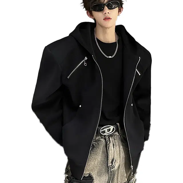 艾梵斯贝 美式风新潮流垫肩金属设计款小众拼接立体解构潮酷高街风日常通勤百搭宽松休闲时尚痞帅高级感连帽夹克 男款