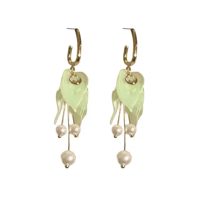 澜耀 绿色花瓣流苏时尚小众设计感 铜合金 耳环 女款