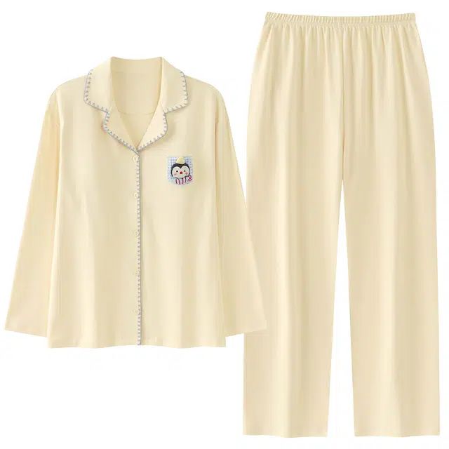俏霓桐 春秋款甜美可爱卡通带胸垫纯棉亲肤休闲宽松翻领长袖长裤家居服可外穿睡衣套装 女款
