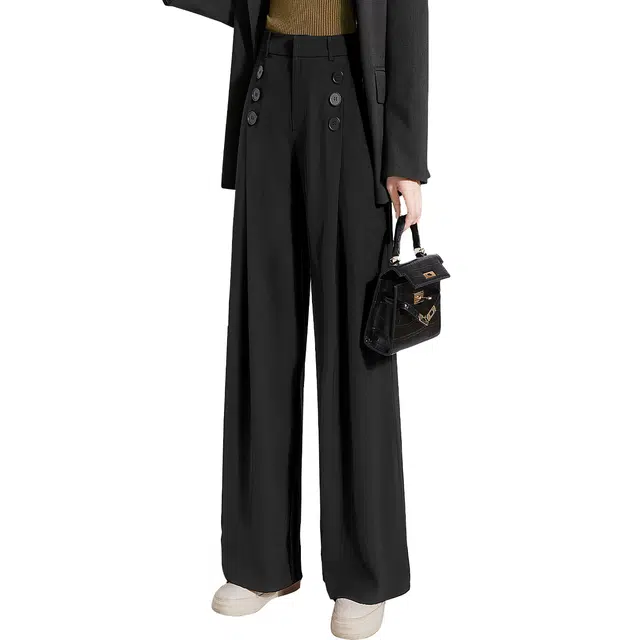 她池 高腰纯色简约通勤长款设计感阔腿休闲裤 女款