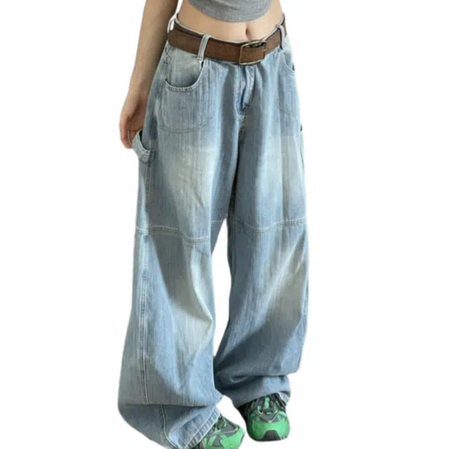 识恩 美式复古纹理感高街设计感慵懒宽松阔腿裤牛仔裤 女款