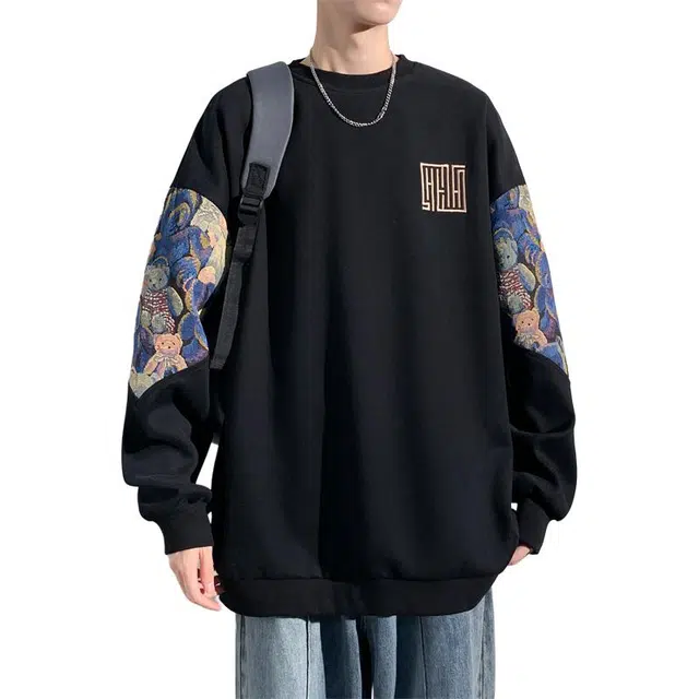 顶峰保罗 新中式刺绣潮牌宽松休闲大码痞帅卡通打底衫上衣无性别主义潮流百搭小熊图案圆领卫衣 男女同款