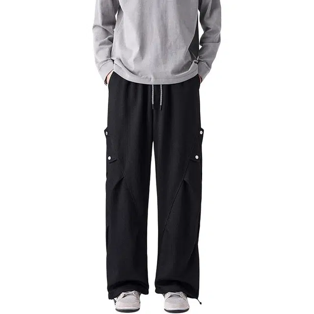 童先森 美式铆钉扣潮牌宽松阔腿裤直筒运动裤针织仿牛仔重磅长裤休闲裤 男款