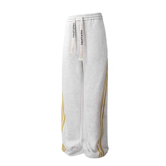 华夏儿女 高品质重磅美式复古三条杠条纹宽裤带字母垂感直筒大码宽松舒适通勤百搭休闲裤 男女同款