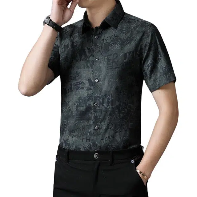 百胜狐 百胜狐夏季花男士短袖韩版商务休闲衬衣弹力免烫轻奢高级感寸衬衫 男款