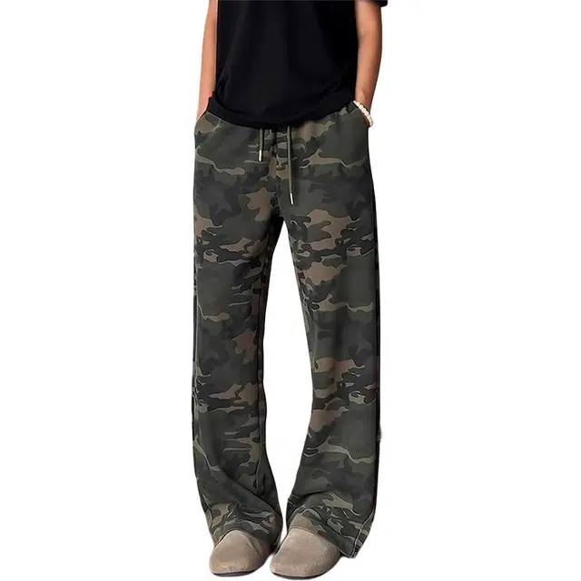 唐启 美式复古弯刀迷彩裤水洗重磅运动卫裤垂坠感直筒微喇裤子休闲裤 男女同款