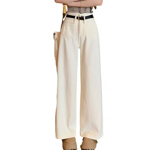 荟萃阁 百搭直筒宽松女设计感腰头两粒扣阔腿裤子牛仔裤 女款