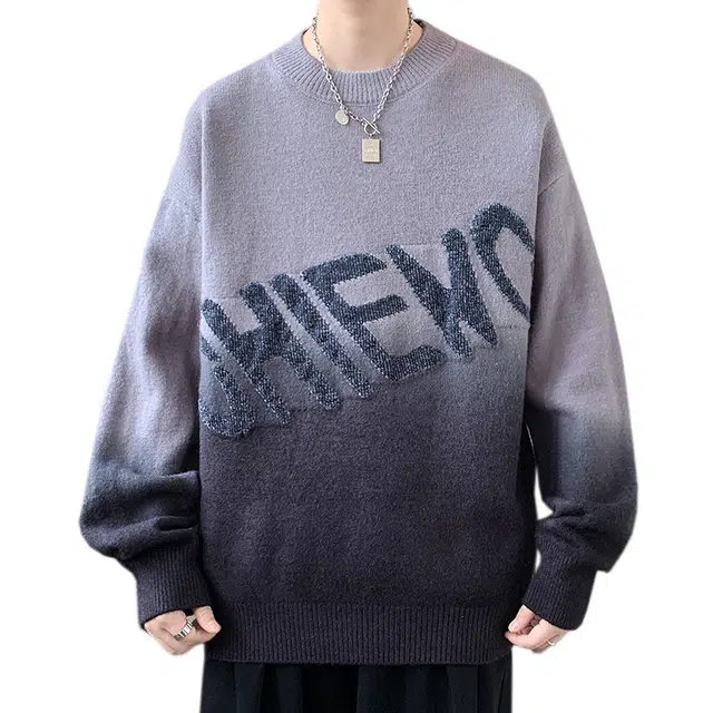 百胜狐 百胜狐秋冬季提花高品质线衣服男士休闲帅气民族风渐变针织衫 男款