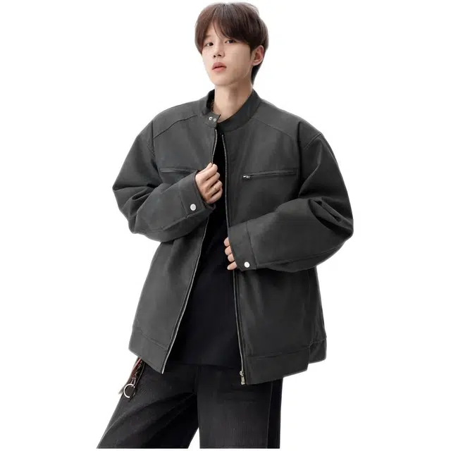 木木兔 春秋韩版时髦高级复古拉链立领男士宽松垫肩夹克 男款