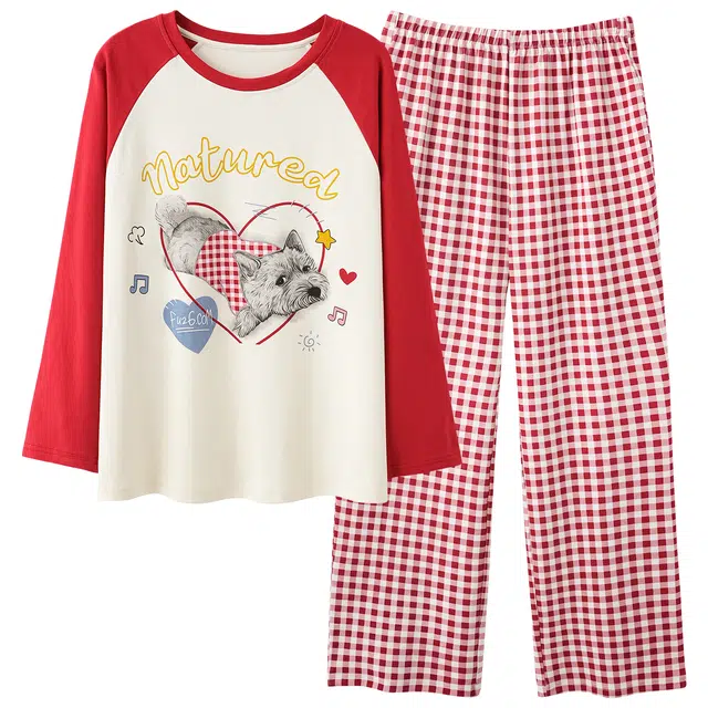 俏霓桐 春秋款可爱卡通纯棉亲肤简约格子休闲圆领长袖长裤家居服可外穿睡衣套装 女款