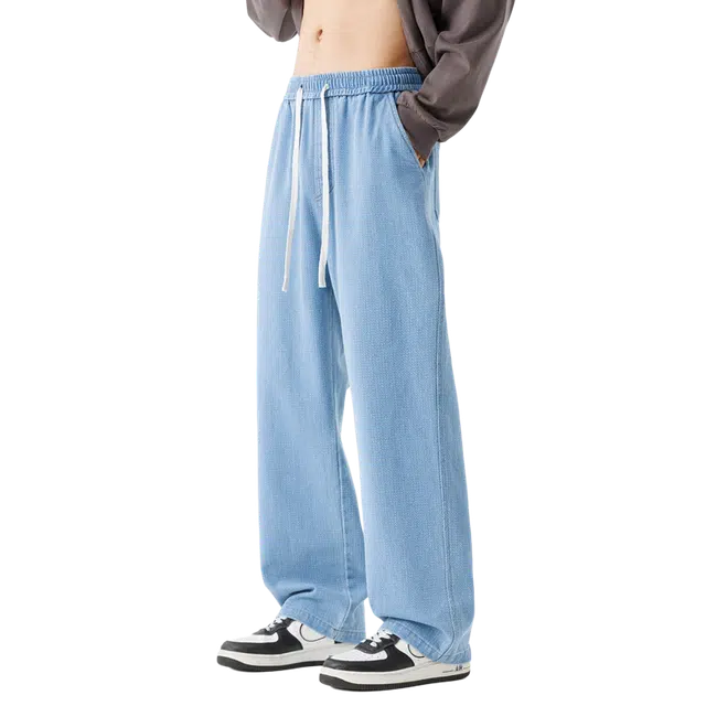 一碗士多 美式高街纯色百搭小众抽绳设计宽松垂感阔腿柔软舒适直筒显高显瘦日常活动户外通勤星空纹经典款牛仔裤 男女同款