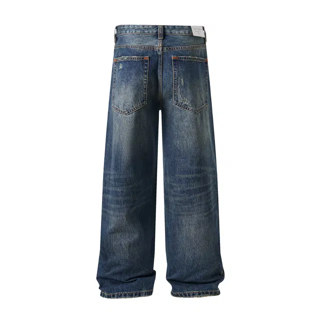 希越 日系水洗复古直筒长裤手工猫须纹理感休闲牛仔裤 男款