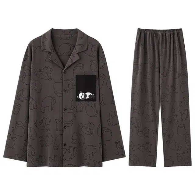 兰缪 翻领纯棉男士春夏秋季宽松长袖长裤青少年可外穿大码家居服睡衣套装 男款