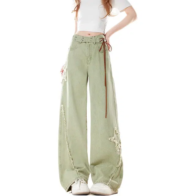 柏黛妃 美式刺绣高腰直筒牛仔裤垂感宽松阔腿裤子休闲裤 女款