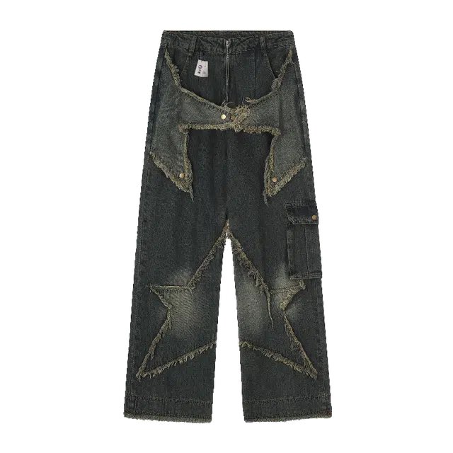 识恩 美式国潮小众设计感星星贴布绣女做旧直筒长裤复古高街潮牛仔裤 女款