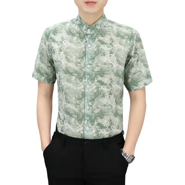 百胜狐 百胜狐高端痞帅亚麻薄款透气上衣男士夏季立领休闲男装半袖衬衣短袖衬衫 男款