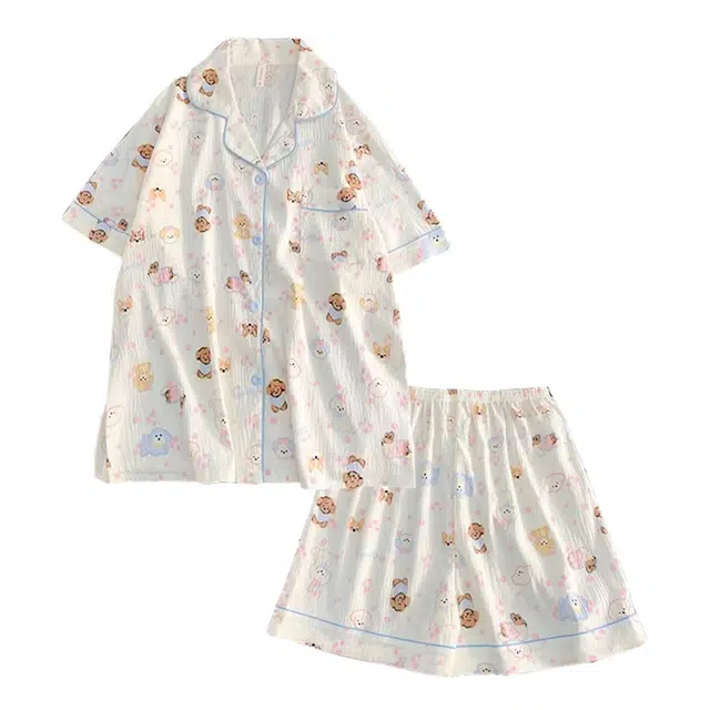 俏韵 翻领卡通夏季云朵棉短袖短裤甜美可爱舒适休闲薄款家居服可外穿睡衣套装 女款