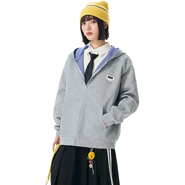 【回潮格纹】布客行 复古港风美式高街可拆卸胸针设计学院连帽落肩口袋拉链青少年开衫宽松休闲舒适百搭华棉长袖外套卫衣 男女同款