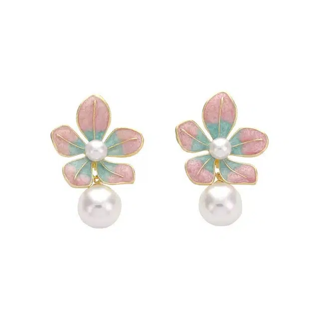 澜耀 油画山茶花朵珍珠耳坠 轻奢时尚小众复古气质耳饰 合金 耳环 女款