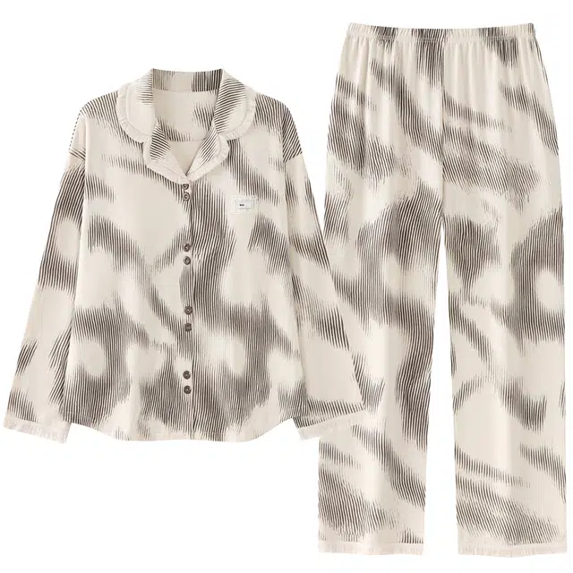 俏霓桐 春秋款时尚简约带胸垫纯棉亲肤甜美流苏翻领高级感长袖长裤家居服可外穿睡衣套装 女款