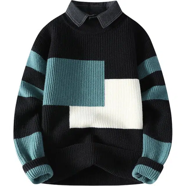 百胜狐 百胜狐加绒男秋冬款假两件男青少年冬季撞色拼接保暖内搭打底针织衫 男款