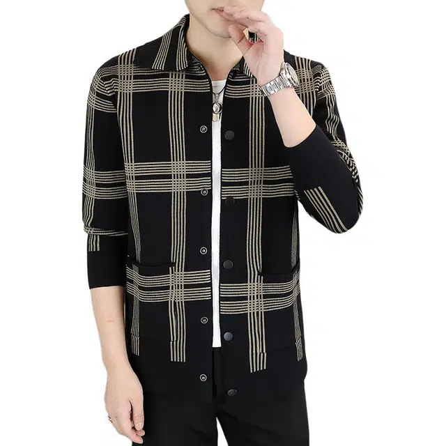 百胜狐 百胜狐春秋季格子休闲开衫男士潮流百搭长袖外套中青年翻领外穿针织衫 男款