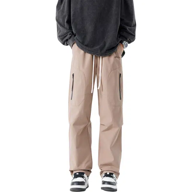 黑恐龙 美式高街潮流字母印花纯色中腰系带简约直筒垂感拖地时尚百搭舒适宽松日常通勤长裤休闲裤 男女同款