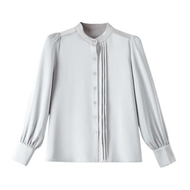 晚白 气质立领肩部收褶排扣设计垂坠顺滑衬衫 女款
