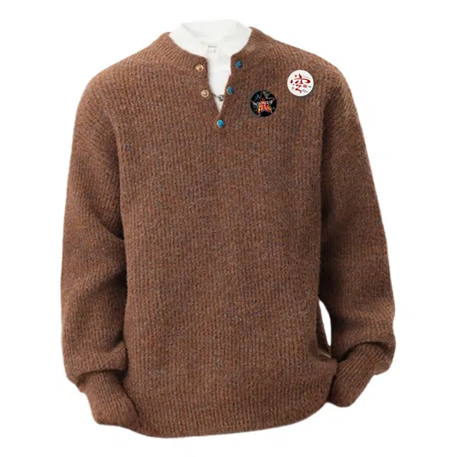 半空山 美式复古高街纯色简约高级质感绿宝石扣羊毛混纺可拆卸乐扣徽章潮流时尚百搭宽松舒适小众通勤日常打底针织衫 男女同款