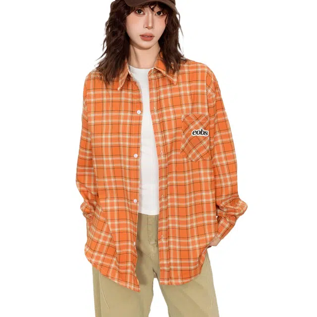 柏黛妃 美式格子长袖防晒衬衫设计感宽松慵懒衬衣外套开衫上衣 女款