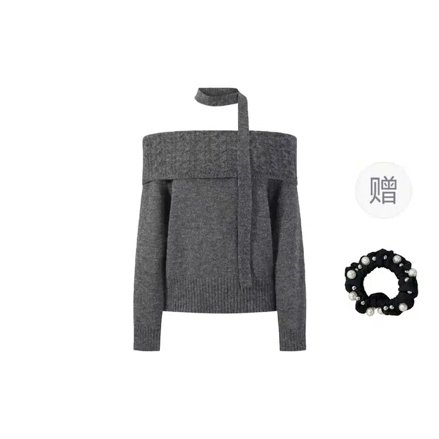 雾闪闪 一字领挂脖韩版简约套头休闲纯色面料上衣针织衫 女款