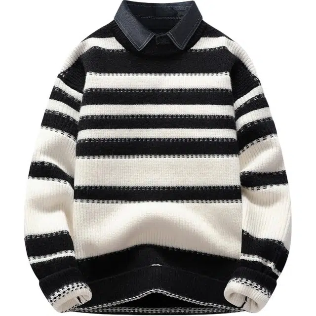 百胜狐 百胜狐条纹男秋冬季圆领青少年慵懒风休闲加厚线衣潮针织衫 男款