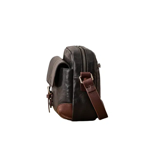 后步 小众原创设计复古质感通勤休闲撞色 牛皮 单肩包 常规 男款 黑色