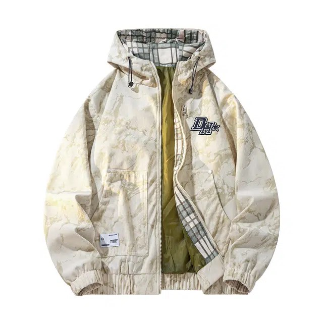 敦煌博物馆 美式复古灯芯绒字母万针刺绣涂鸦个性百搭户外防风宽松休闲撞色格纹连帽夹克外套 男女同款