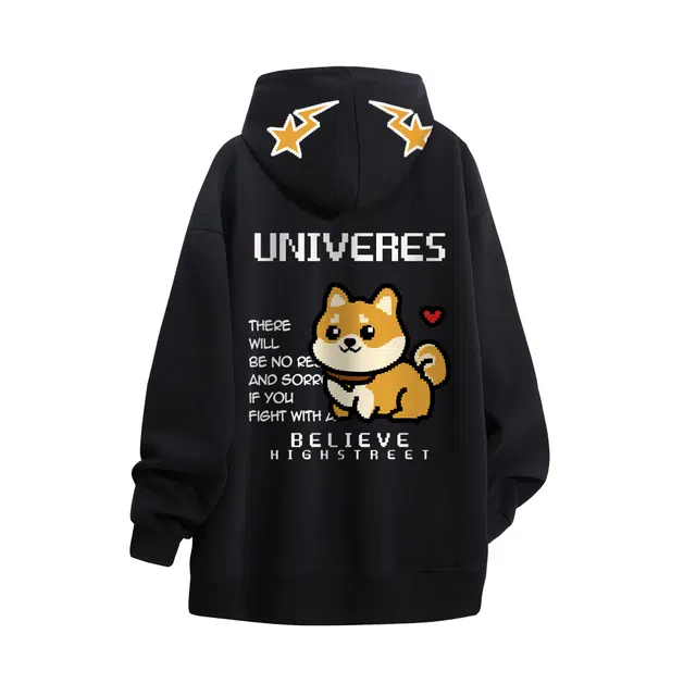 物质公式 潮牌重磅美式高街复古趣味像素可爱小狗图案字母印花设计感宽松简约日常通勤潮流时尚休闲透气质感百搭长袖套头连帽卫衣 男女同款