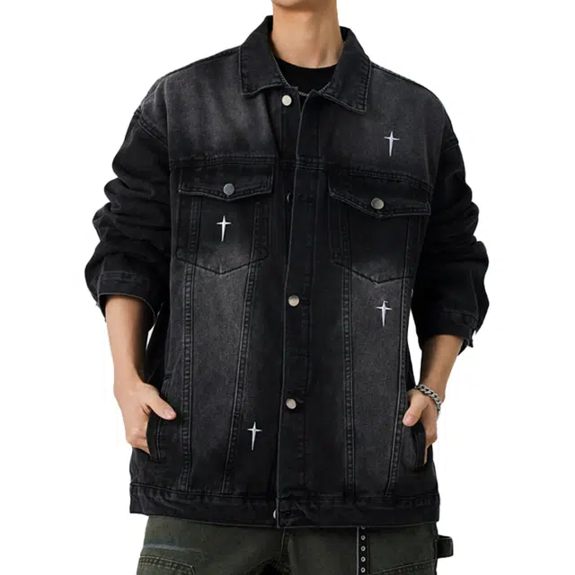 艾梵斯贝 美式复古潮流芒星刺绣简约设计款高级感日常通勤百搭高级风宽松休闲时尚个性街头潮酷翻领夹克外套 男款