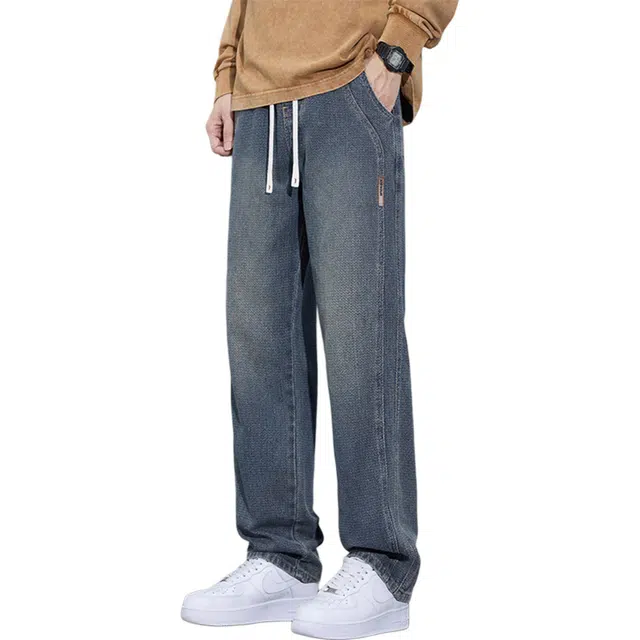 瑞梵帝斯 美式复古高街风潮牌直筒裤系带抽绳轻薄透气柔软舒适宽松阔腿垂顺弹性腰围耐磨抗皱时尚潮流百搭休闲裤子牛仔裤 男款