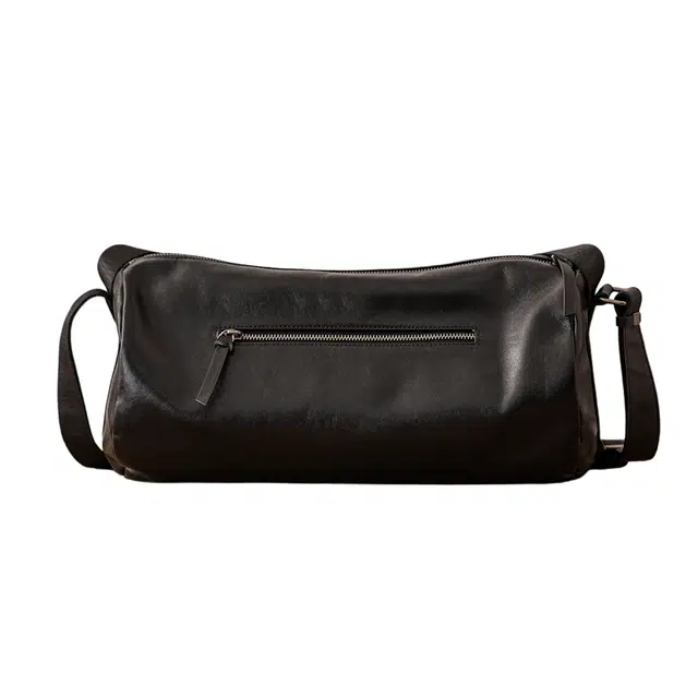 后步 复古简约纯色高级通勤 牛皮 圆筒包单肩斜挎手提包 大号 男款 黑色