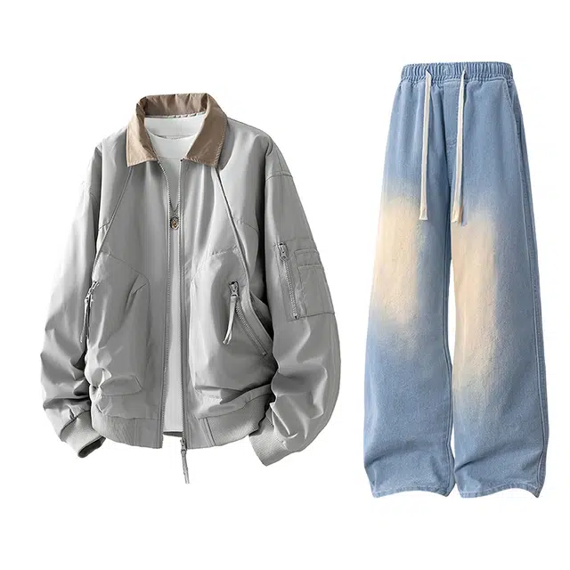 【防泼水外套裤子一套】布客行 多功能拉链美拉德美式复古高街上衣夹克直筒水洗做旧微喇基础款松紧腰抽绳牛仔裤休闲运动套装 男女同款