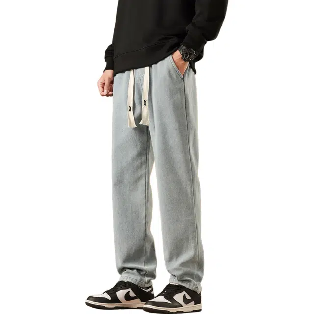 瑞梵帝斯 美式复古潮牌纯色简约基础款韩版潮流宽松中腰直筒抽绳松紧腰柔软舒适透气水洗做旧通勤休闲百搭时尚牛仔裤 男款