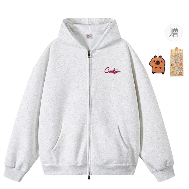 卡皮巴拉小黄豚 美式高街复古潮牌立体字母万针刺绣宽松休闲潮流百搭重磅拉链开衫连帽上衣夹克外套 男女同款