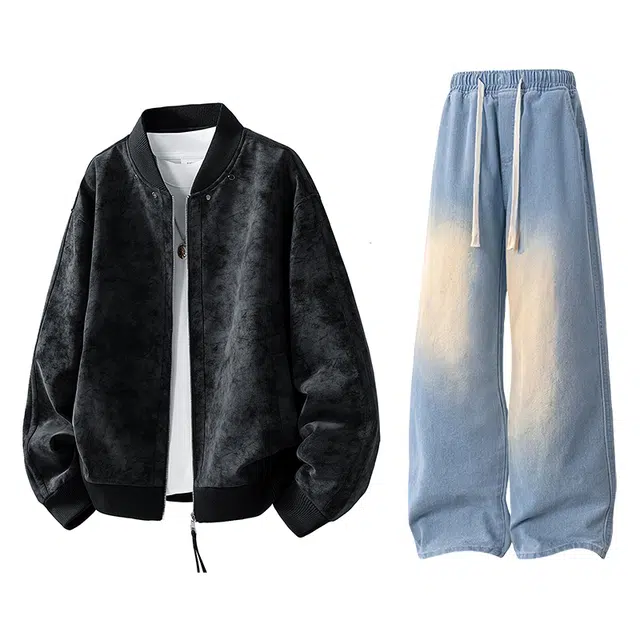 【绒感雾花皮外套裤子一套】布客行 扎染色棒球领打钉美式复古高街夹克直筒水洗做旧微喇基础款松紧腰抽绳牛仔裤休闲运动套装 男女同款
